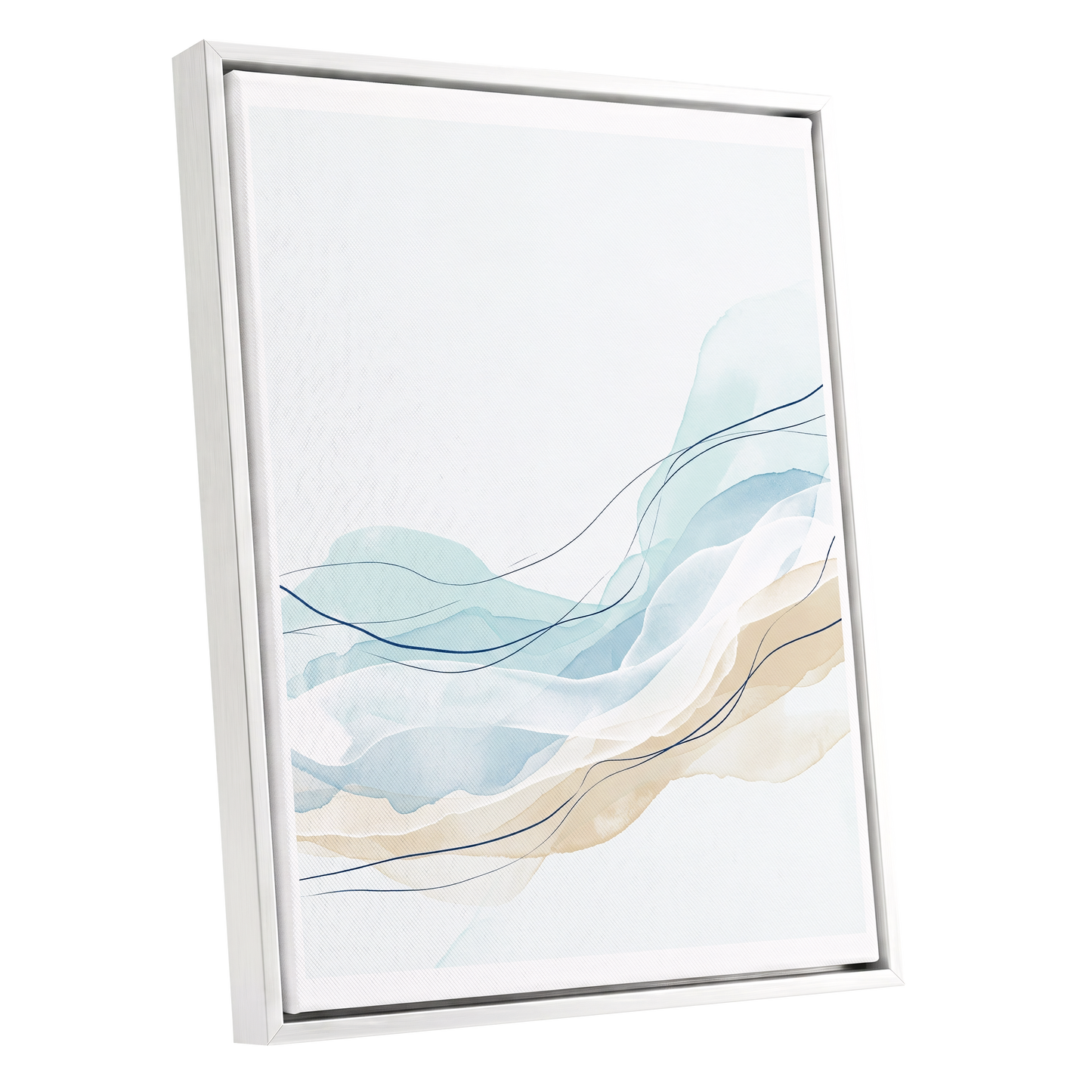 Tidal Contours, blue, beige, white abstract wall art shown as a white framed canvas wall art