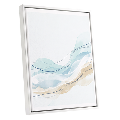 Tidal Contours, blue, beige, white abstract wall art shown as a white framed canvas wall art