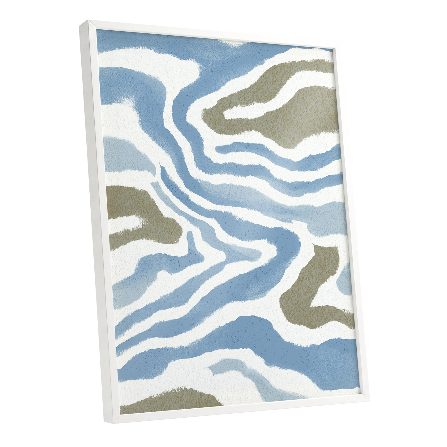 Tidal Contours, blue, white, beige nature wall art shown as a white framed poster wall art print
