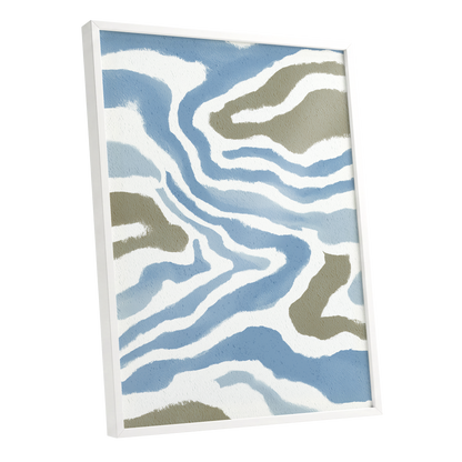 Tidal Contours, blue, white, beige nature wall art shown as a white framed poster wall art print