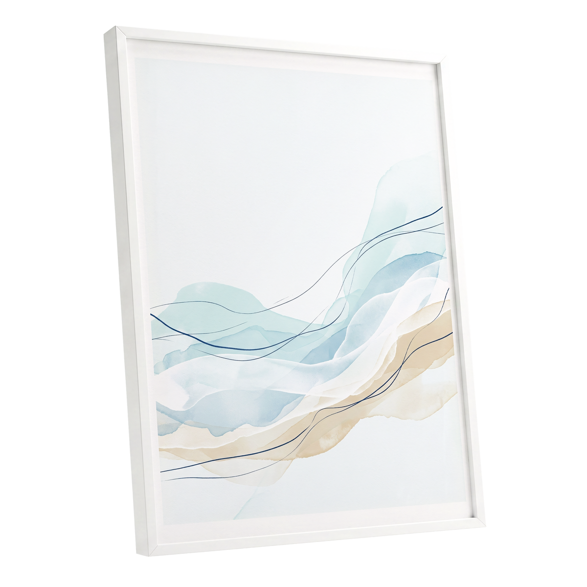 Tidal Contours, blue, beige, white abstract wall art shown as a white framed poster wall art print