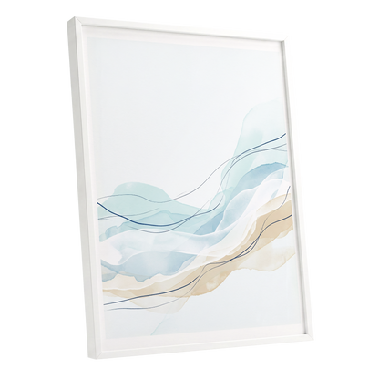 Tidal Contours, blue, beige, white abstract wall art shown as a white framed poster wall art print