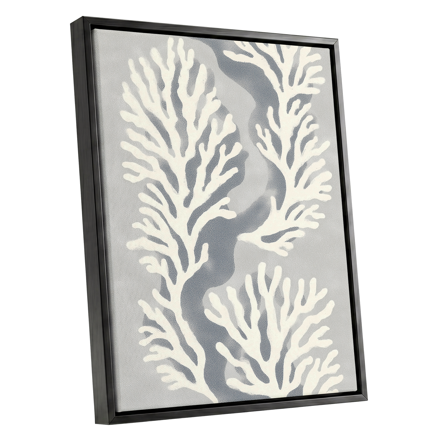 Tidal Coral Study, white, blue, gray nature wall art shown as a black framed canvas wall art
