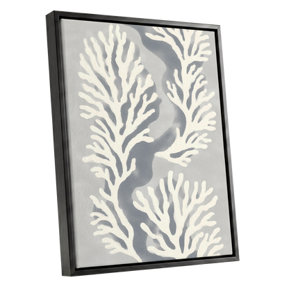 Tidal Coral Study, white, blue, gray nature wall art shown as a black framed canvas wall art