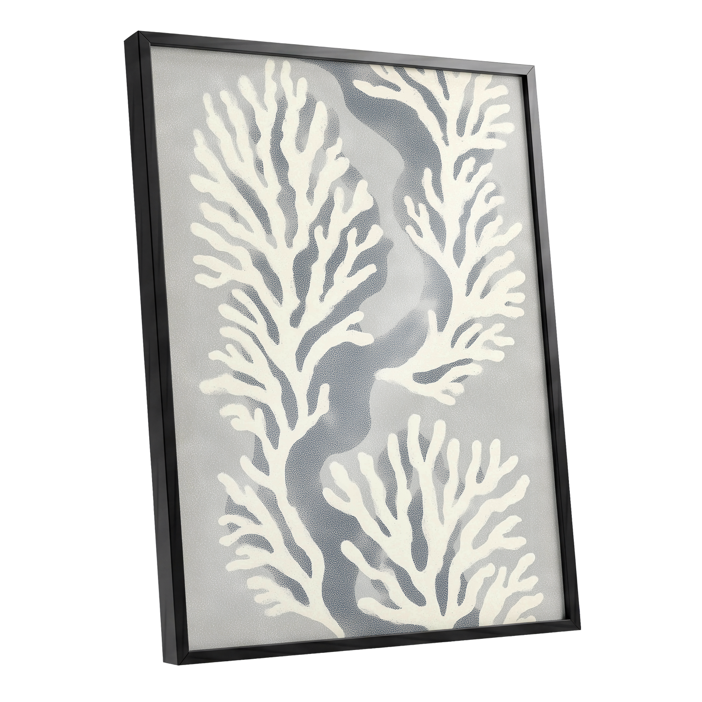Tidal Coral Study, white, blue, gray nature wall art shown as a black framed poster wall art print