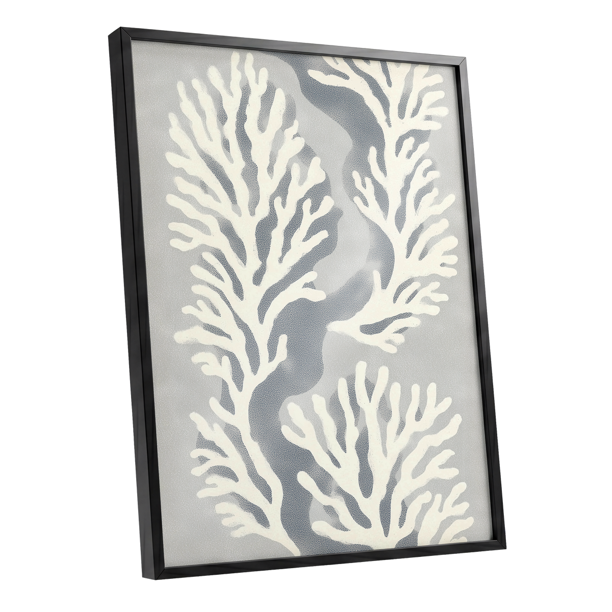 Tidal Coral Study, white, blue, gray nature wall art shown as a black framed poster wall art print