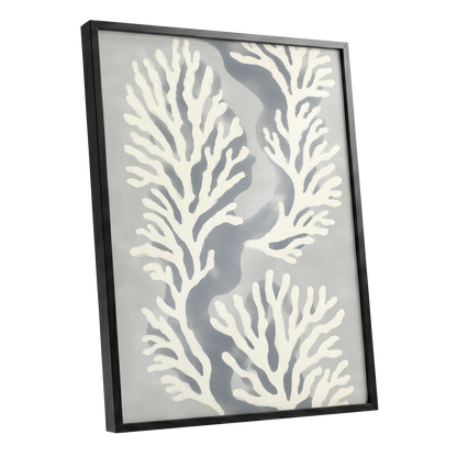 Tidal Coral Study, white, blue, gray nature wall art shown as a black framed poster wall art print