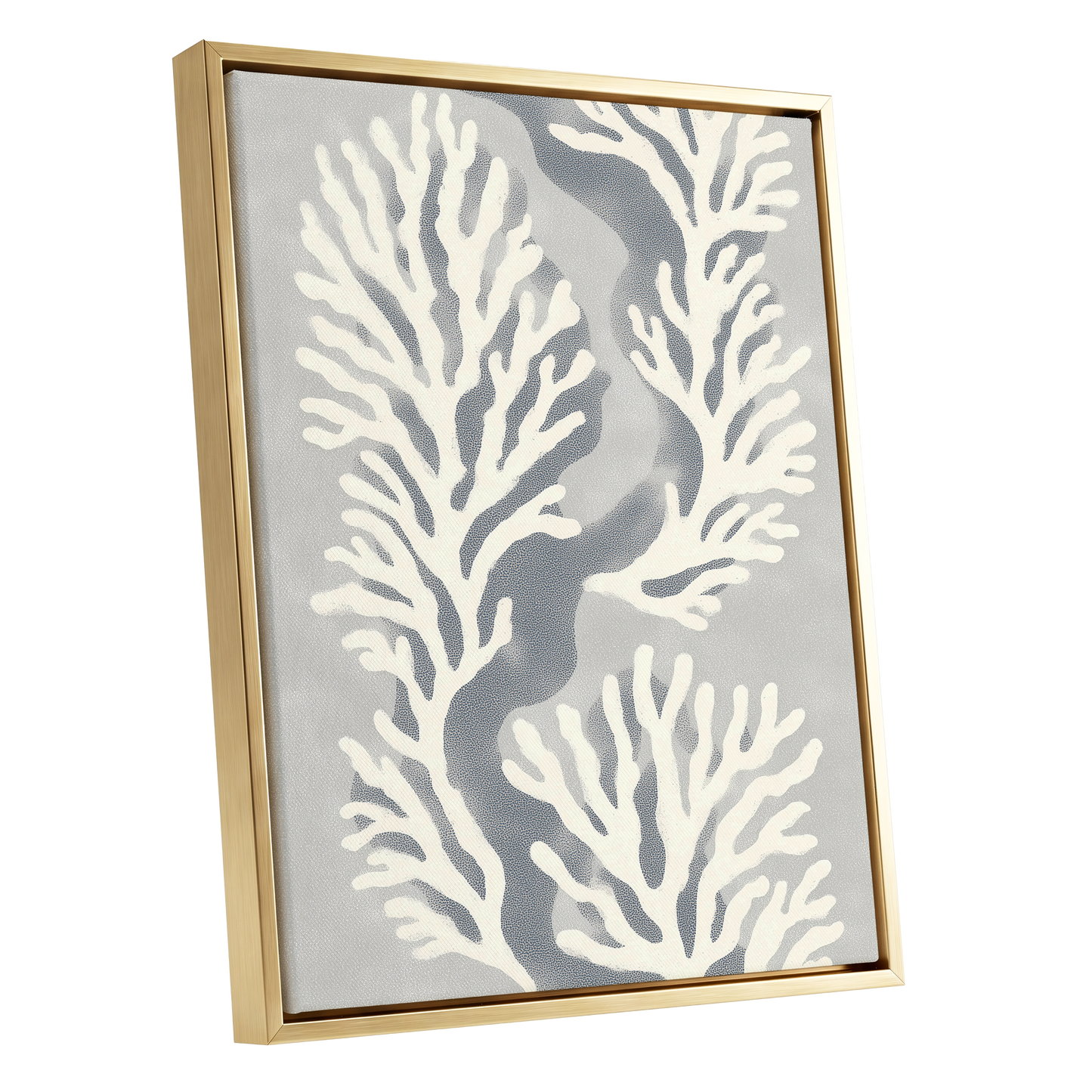 Tidal Coral Study, white, blue, gray nature wall art shown as a gold framed canvas wall art