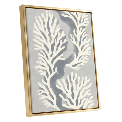 Tidal Coral Study, white, blue, gray nature wall art shown as a gold framed canvas wall art