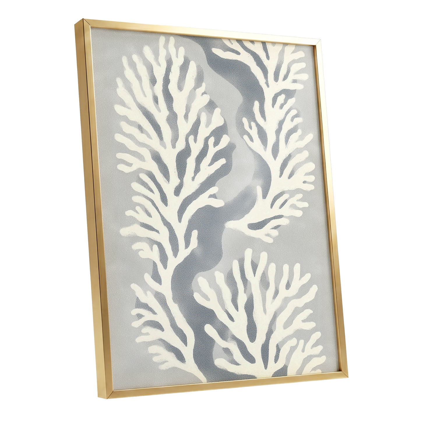 Tidal Coral Study, white, blue, gray nature wall art shown as a gold framed poster wall art print