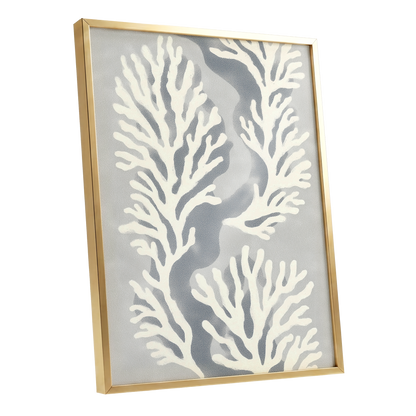 Tidal Coral Study, white, blue, gray nature wall art shown as a gold framed poster wall art print
