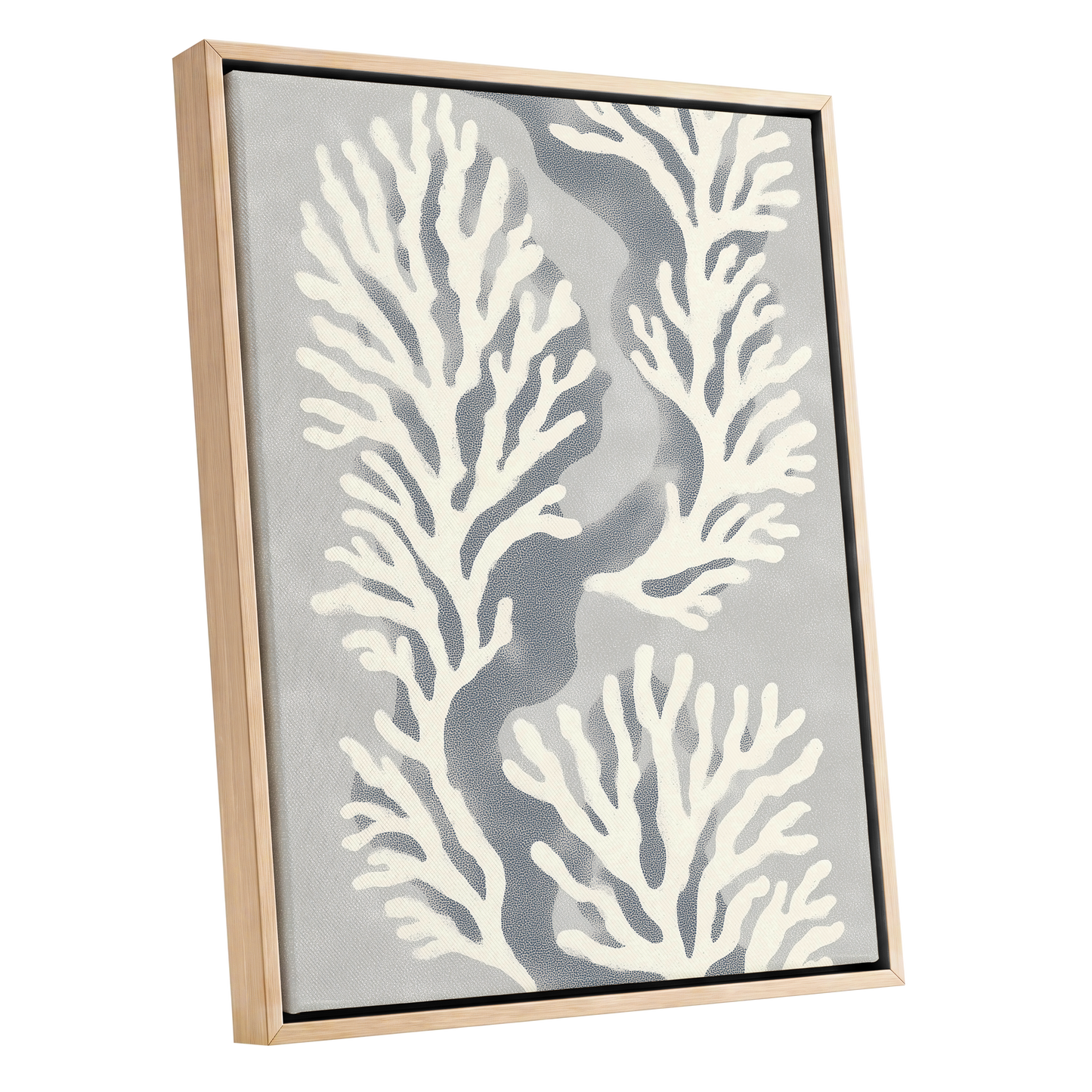 Tidal Coral Study, white, blue, gray nature wall art shown as a oak framed canvas wall art