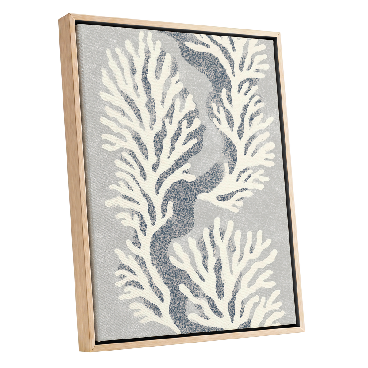 Tidal Coral Study, white, blue, gray nature wall art shown as a oak framed canvas wall art