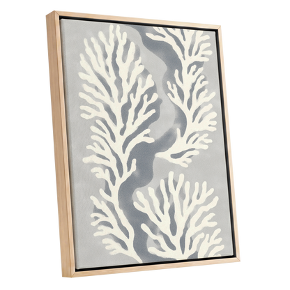 Tidal Coral Study, white, blue, gray nature wall art shown as a oak framed canvas wall art
