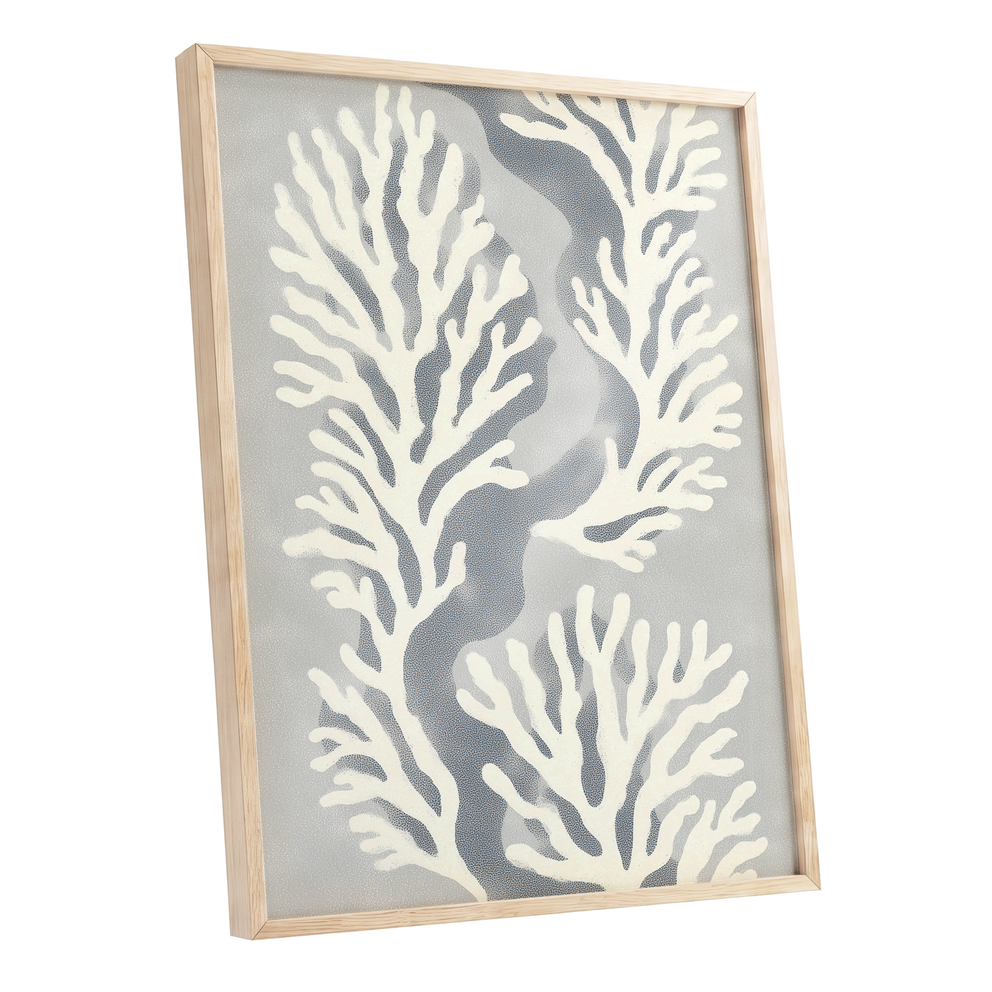 Tidal Coral Study, white, blue, gray nature wall art shown as a oak framed poster wall art print