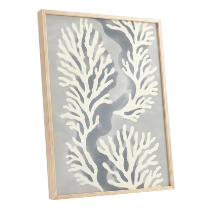 Tidal Coral Study, white, blue, gray nature wall art shown as a oak framed poster wall art print