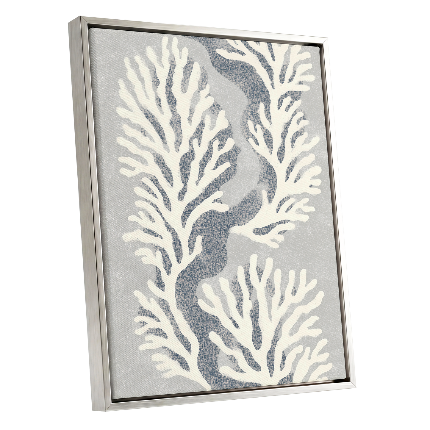 Tidal Coral Study, white, blue, gray nature wall art shown as a silver framed canvas wall art