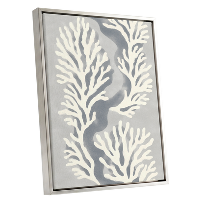 Tidal Coral Study, white, blue, gray nature wall art shown as a silver framed canvas wall art