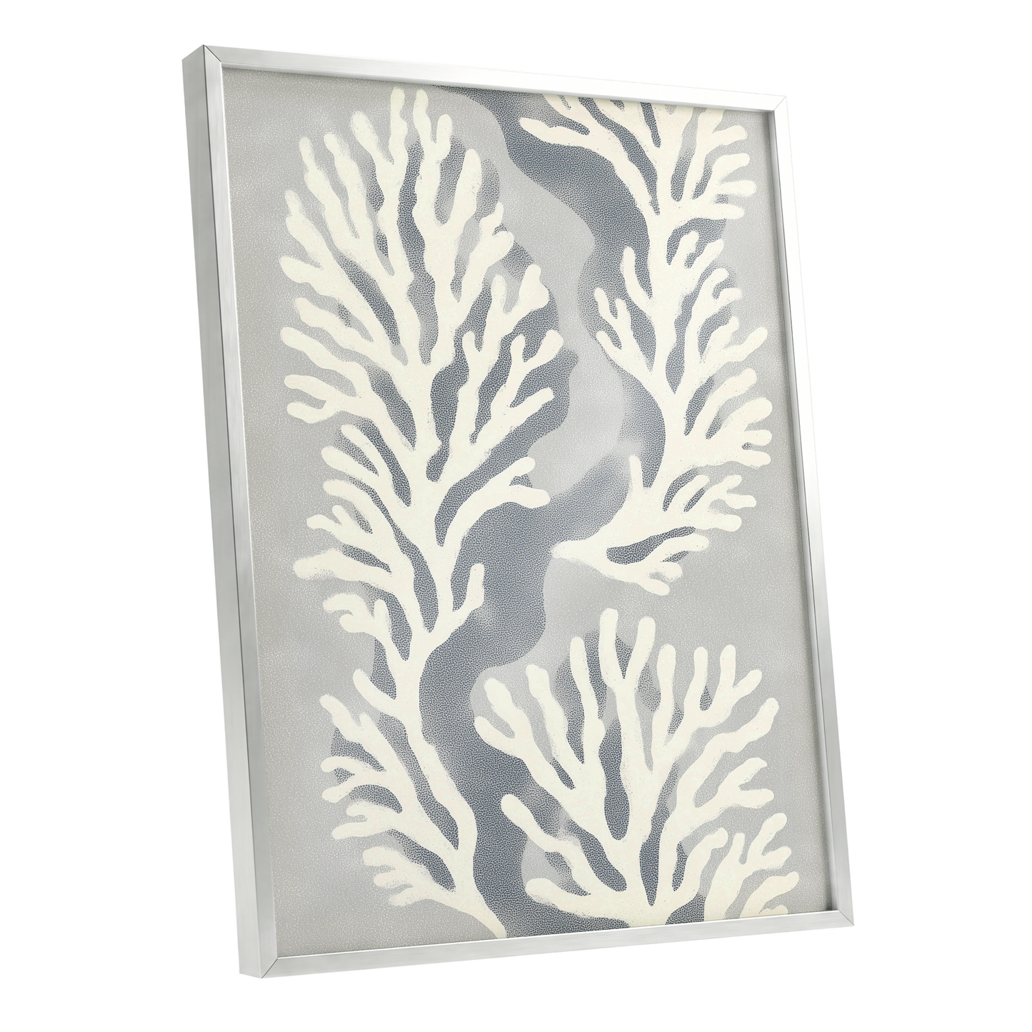 Tidal Coral Study, white, blue, gray nature wall art shown as a silver framed poster wall art print