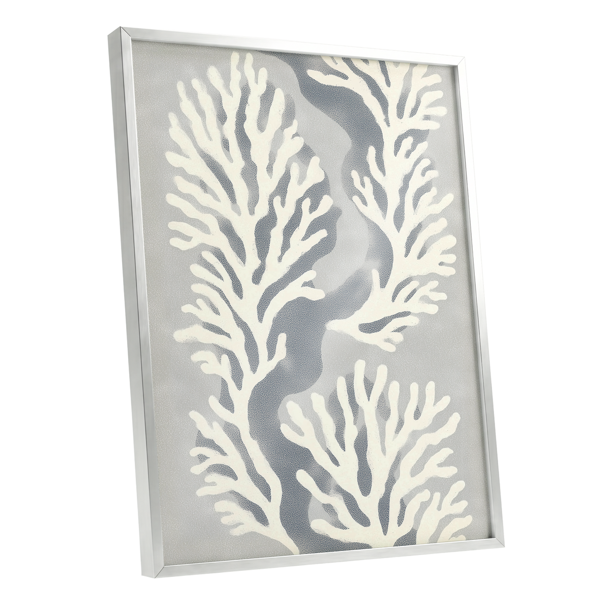 Tidal Coral Study, white, blue, gray nature wall art shown as a silver framed poster wall art print