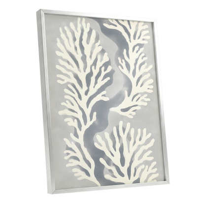 Tidal Coral Study, white, blue, gray nature wall art shown as a silver framed poster wall art print