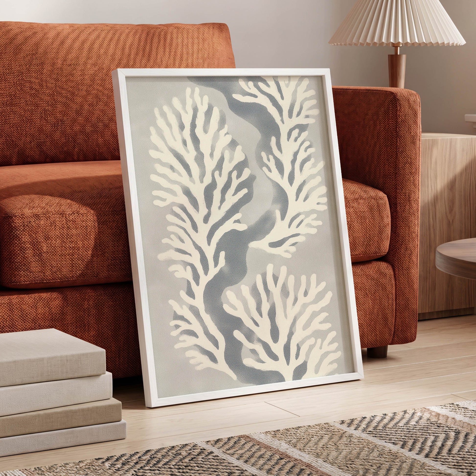Tidal Coral Study, white, blue, gray nature wall art displayed in a styled interior, gallery view 2
