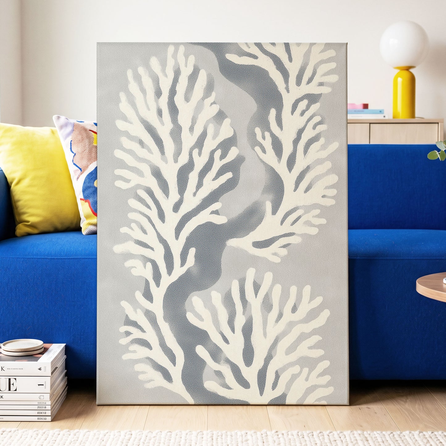 Tidal Coral Study, white, blue, gray nature wall art displayed in a styled interior, gallery view 3