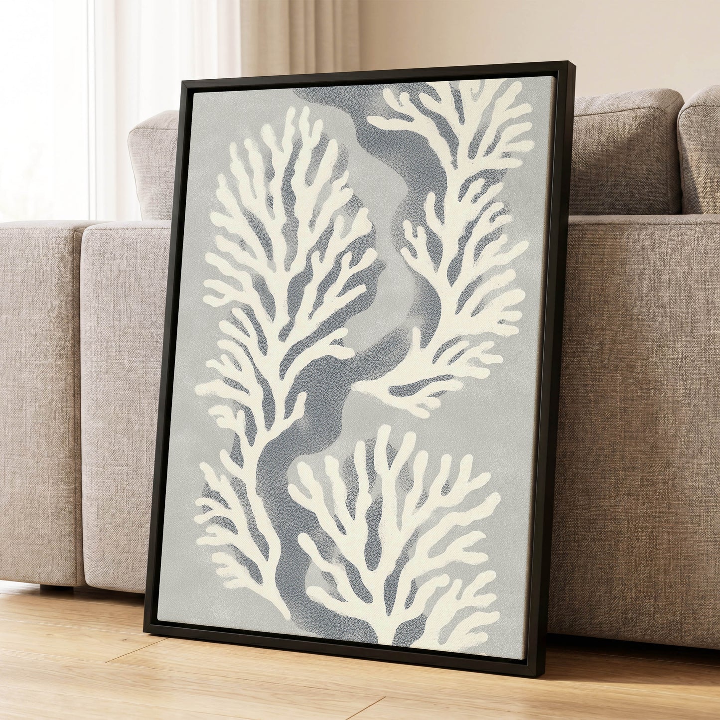 Tidal Coral Study, white, blue, gray nature wall art displayed in a styled interior, gallery view 4