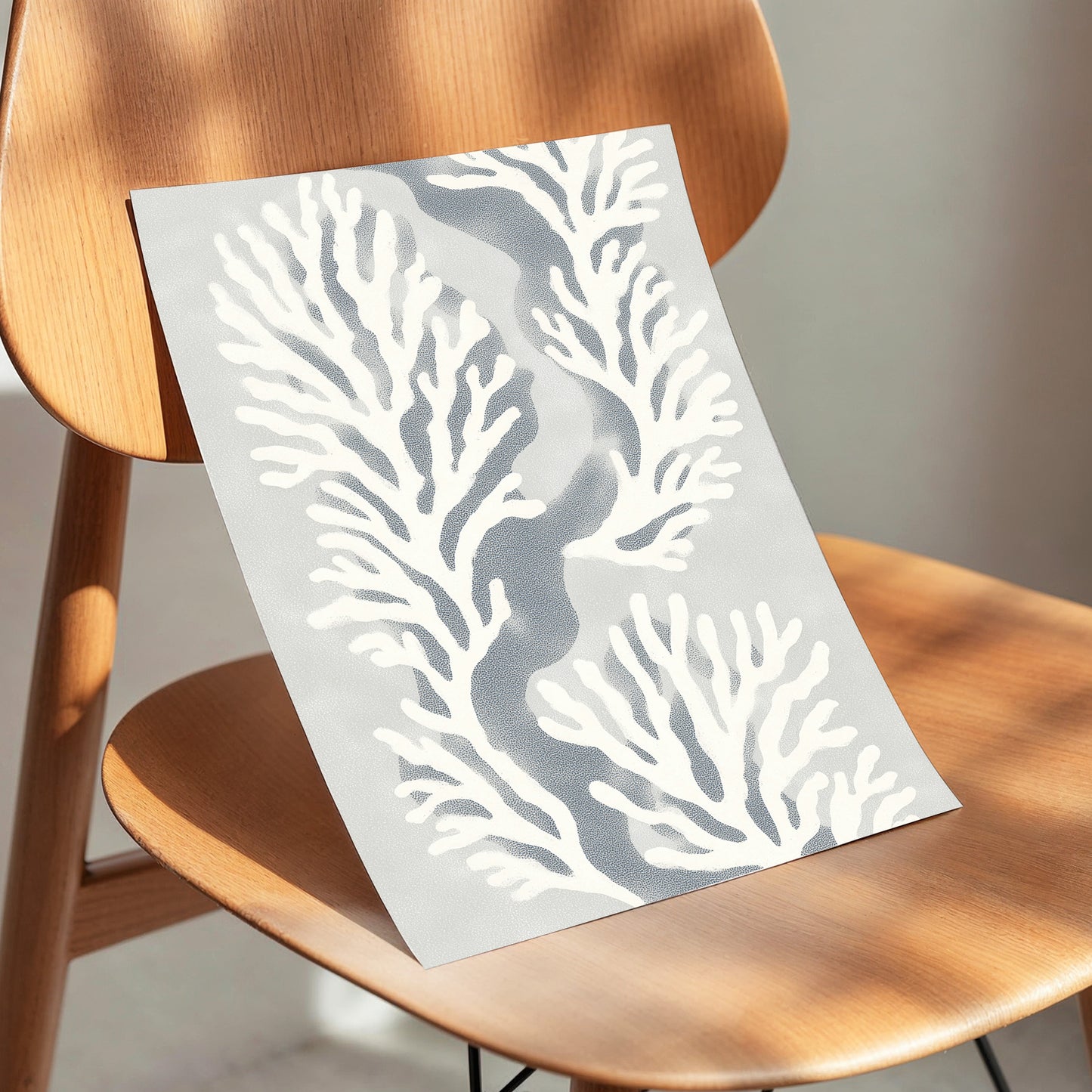 Tidal Coral Study, white, blue, gray nature wall art displayed in a styled interior, gallery view 5