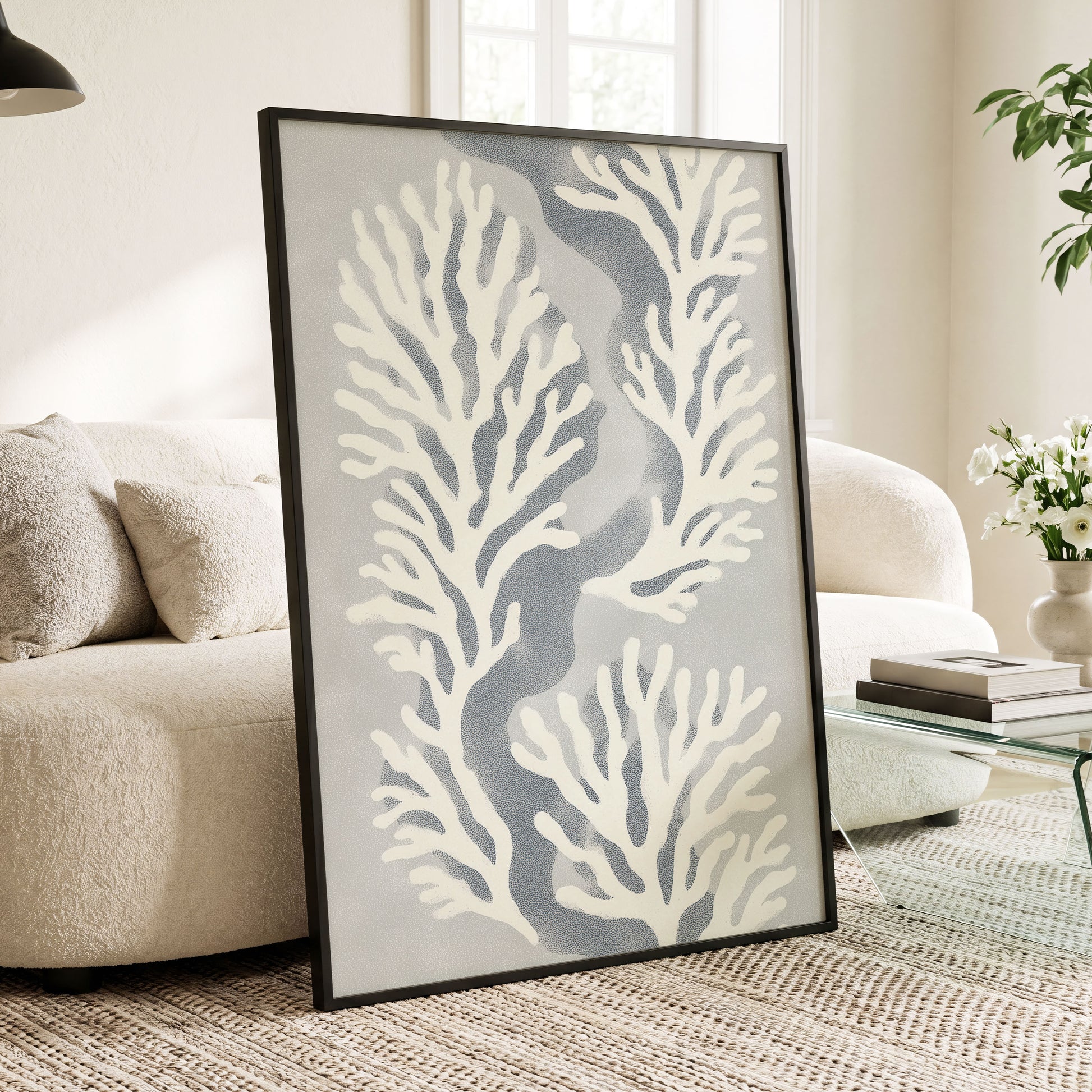 Tidal Coral Study, white, blue, gray nature wall art displayed in a styled interior, gallery view 6