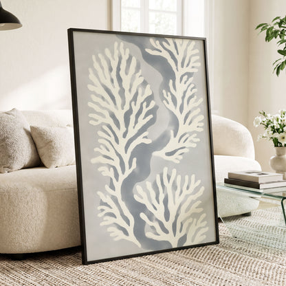 Tidal Coral Study, white, blue, gray nature wall art displayed in a styled interior, gallery view 6