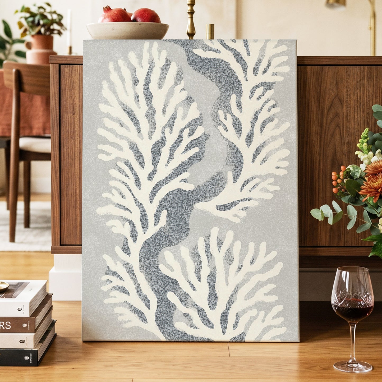 Tidal Coral Study, white, blue, gray nature wall art displayed in a styled interior, gallery view 7