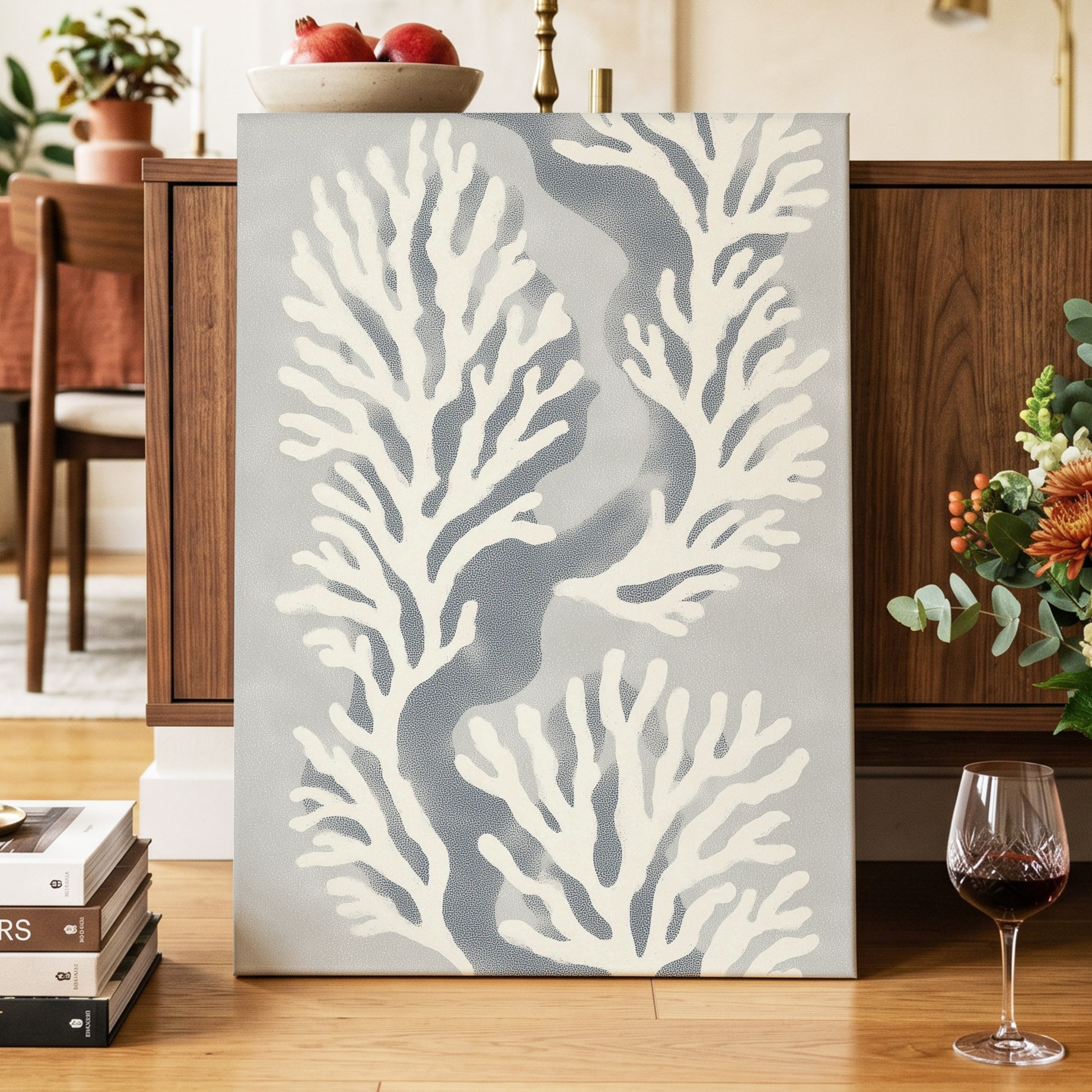 Tidal Coral Study, white, blue, gray nature wall art displayed in a styled interior, gallery view 7