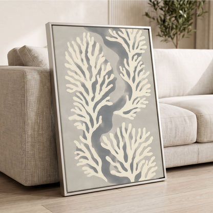Tidal Coral Study, white, blue, gray nature wall art displayed in a styled interior, gallery view 8