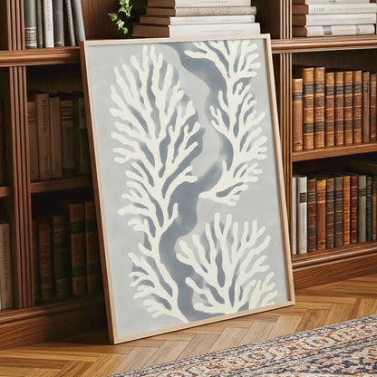 Tidal Coral Study, white, blue, gray nature wall art displayed in a styled interior, gallery view 9