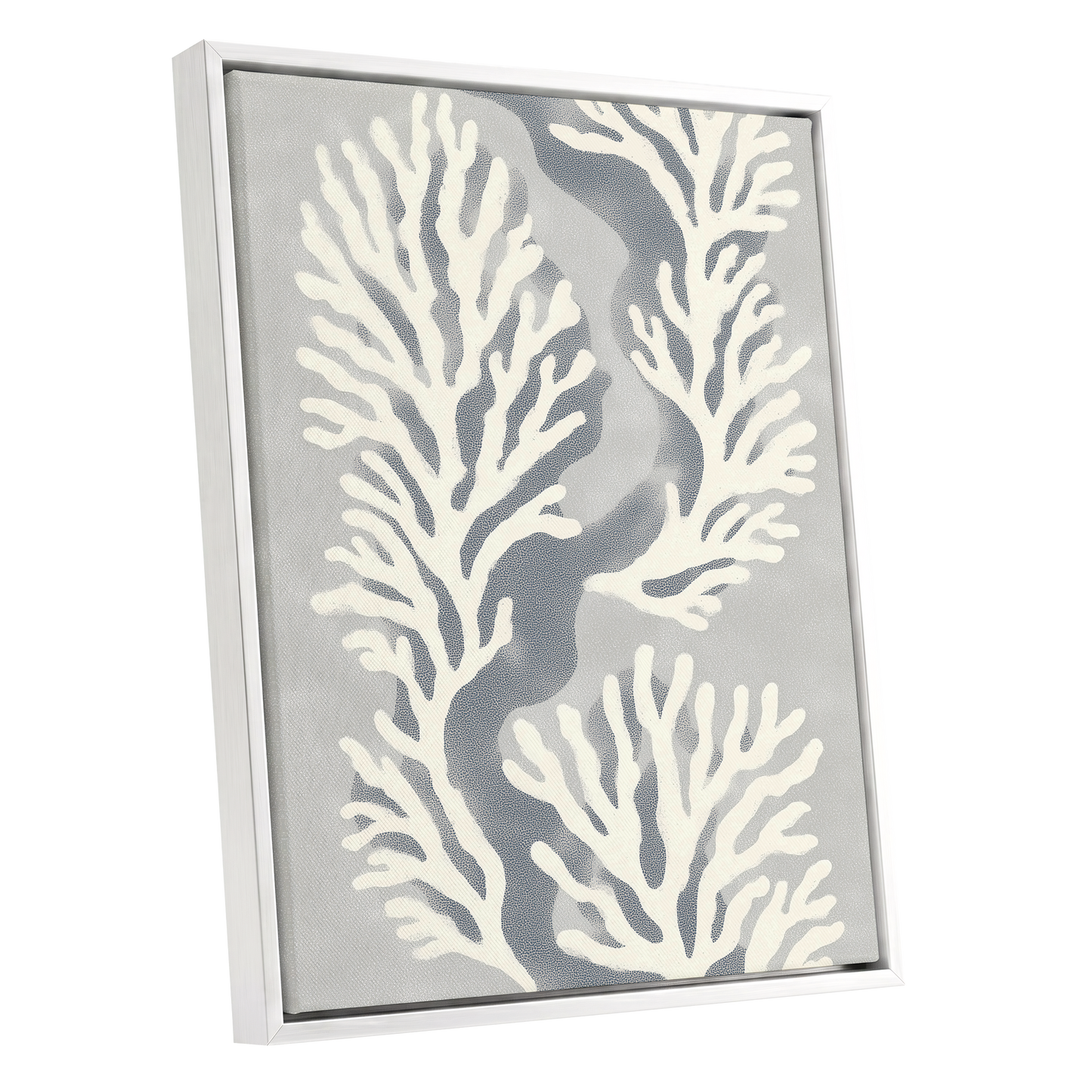 Tidal Coral Study, white, blue, gray nature wall art shown as a white framed canvas wall art