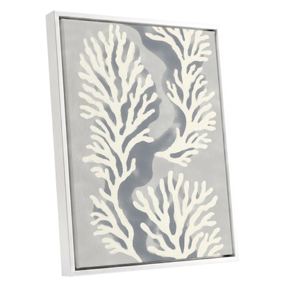 Tidal Coral Study, white, blue, gray nature wall art shown as a white framed canvas wall art
