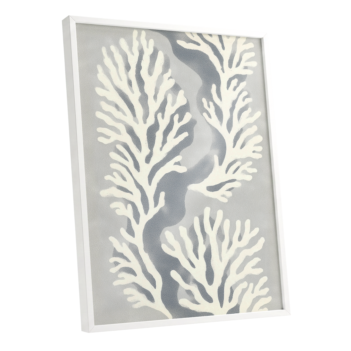 Tidal Coral Study, white, blue, gray nature wall art shown as a white framed poster wall art print