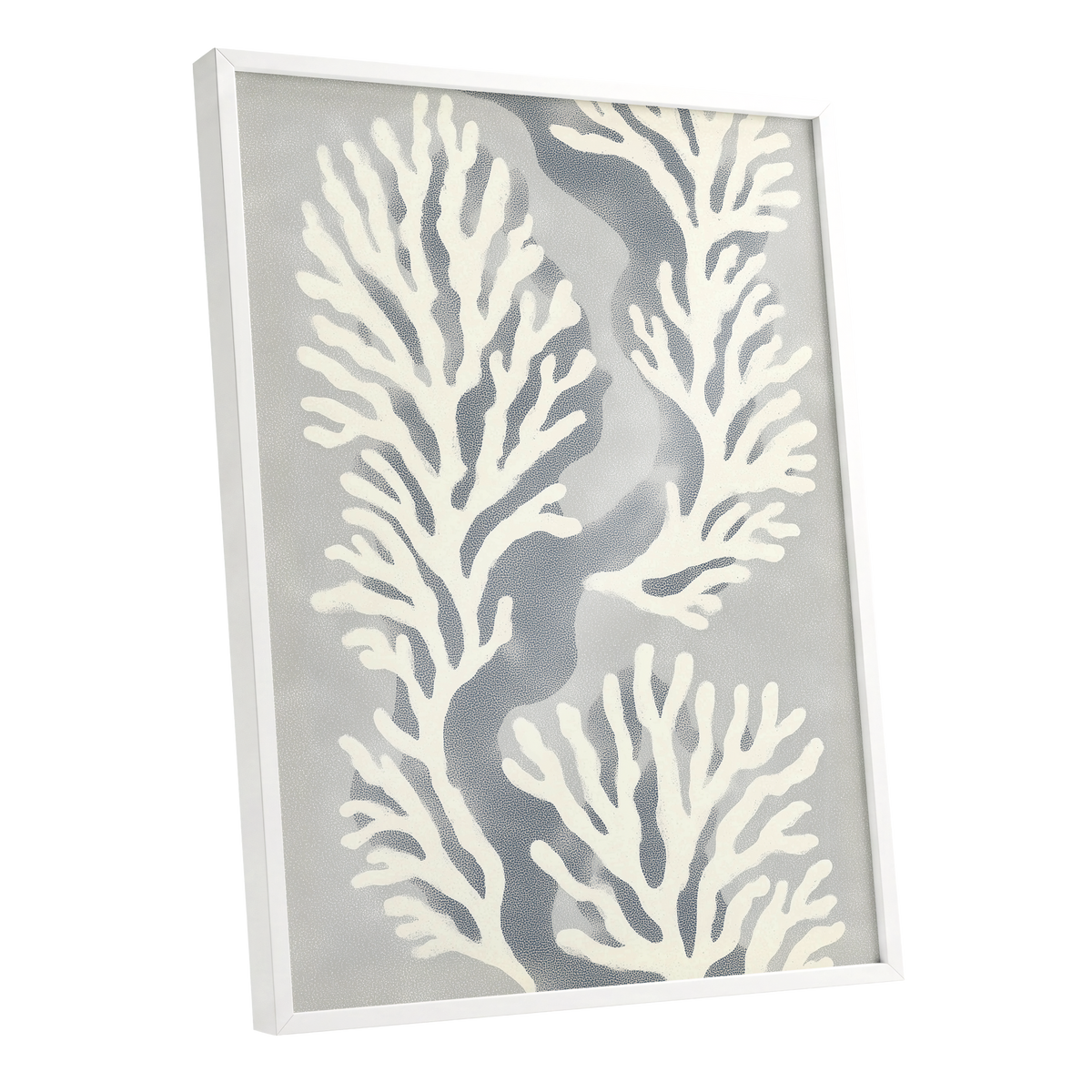 Tidal Coral Study, white, blue, gray nature wall art shown as a white framed poster wall art print