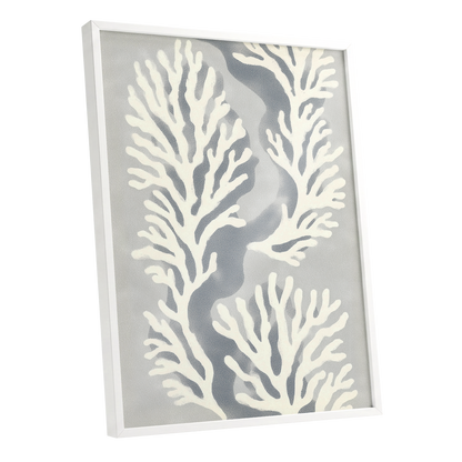 Tidal Coral Study, white, blue, gray nature wall art shown as a white framed poster wall art print