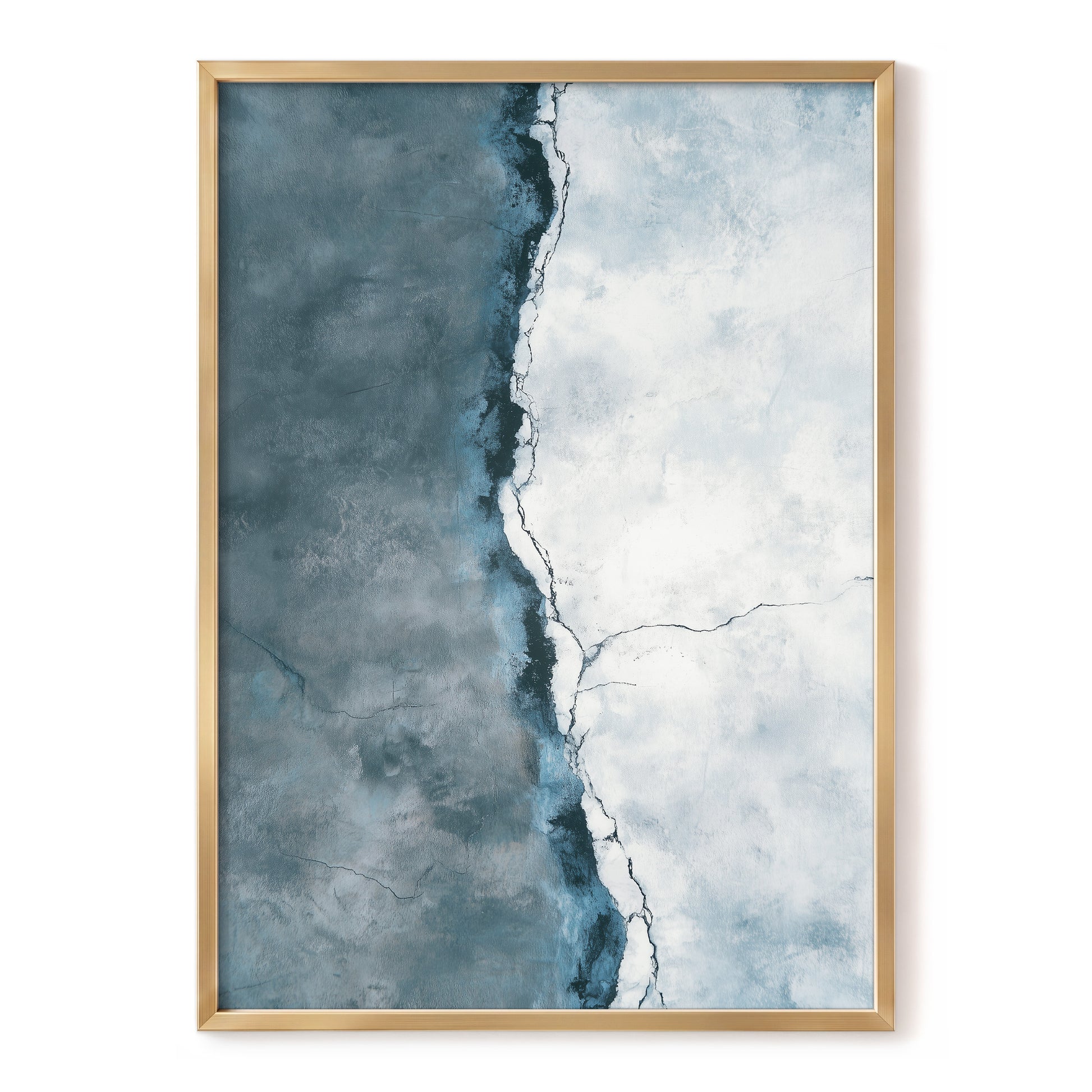 Tidal Divide, blue, white, gray abstract wall art, front artwork view