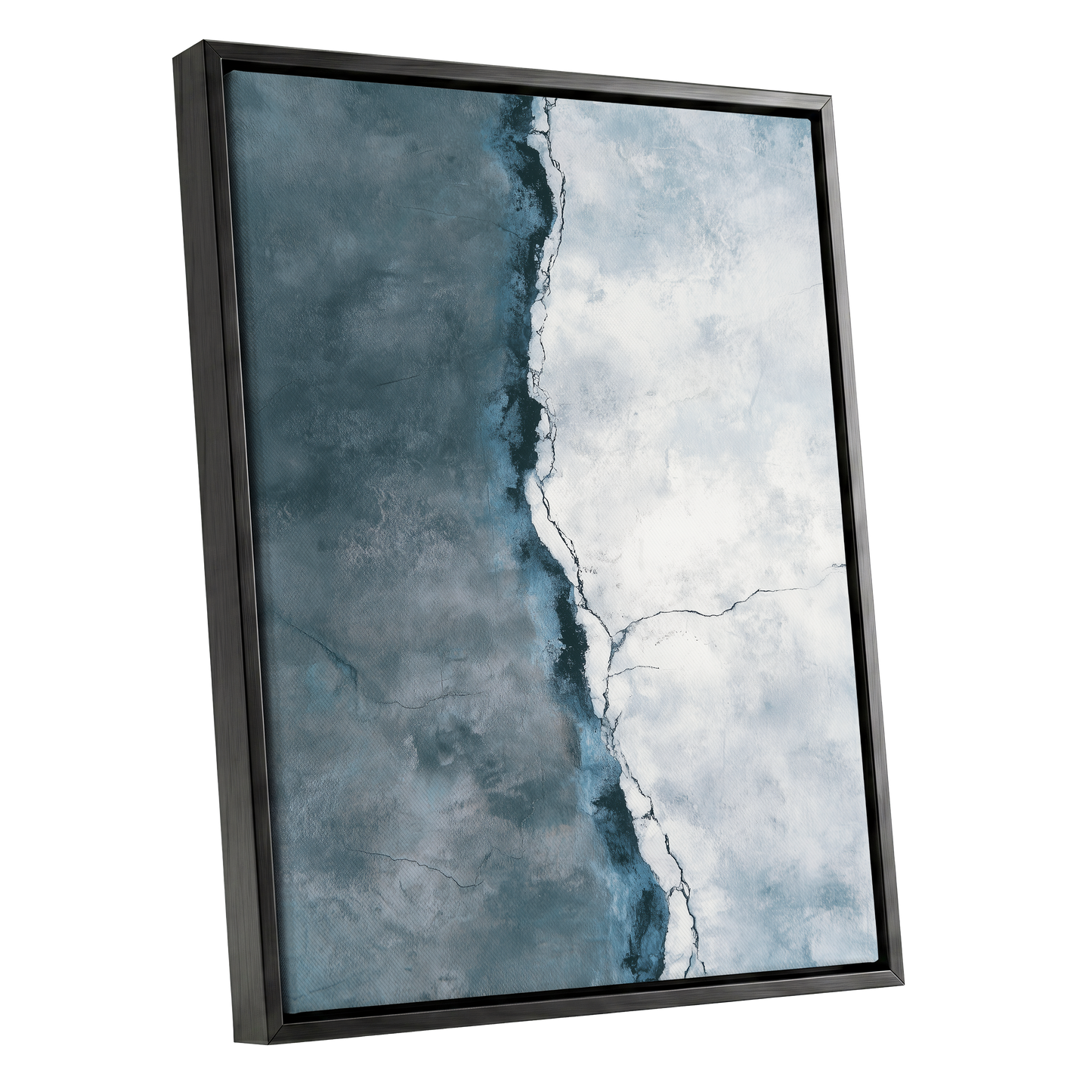 Tidal Divide, blue, white, gray abstract wall art shown as a black framed canvas wall art