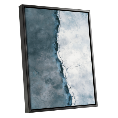 Tidal Divide, blue, white, gray abstract wall art shown as a black framed canvas wall art