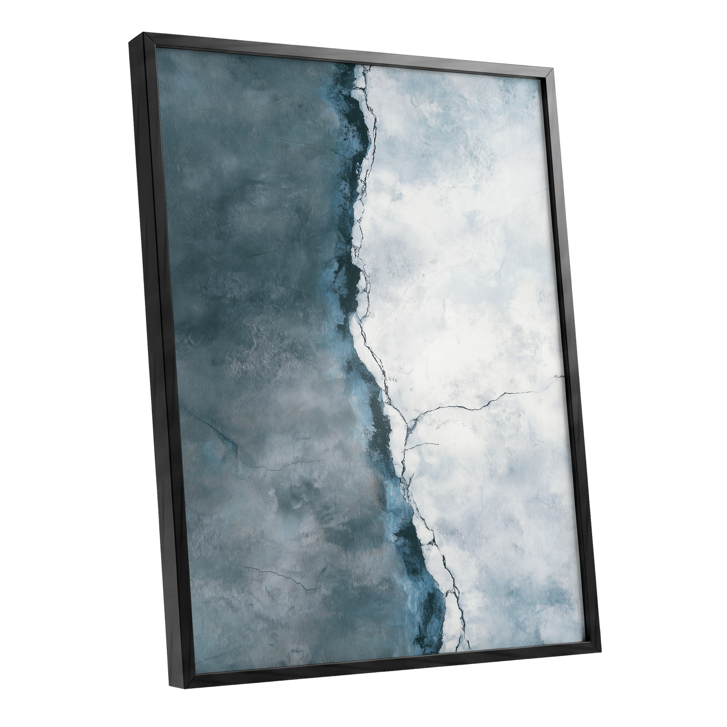 Tidal Divide, blue, white, gray abstract wall art shown as a black framed poster wall art print
