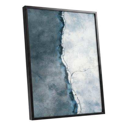 Tidal Divide, blue, white, gray abstract wall art shown as a black framed poster wall art print