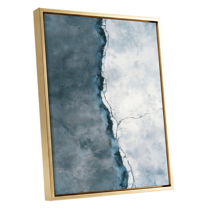 Tidal Divide, blue, white, gray abstract wall art shown as a gold framed canvas wall art