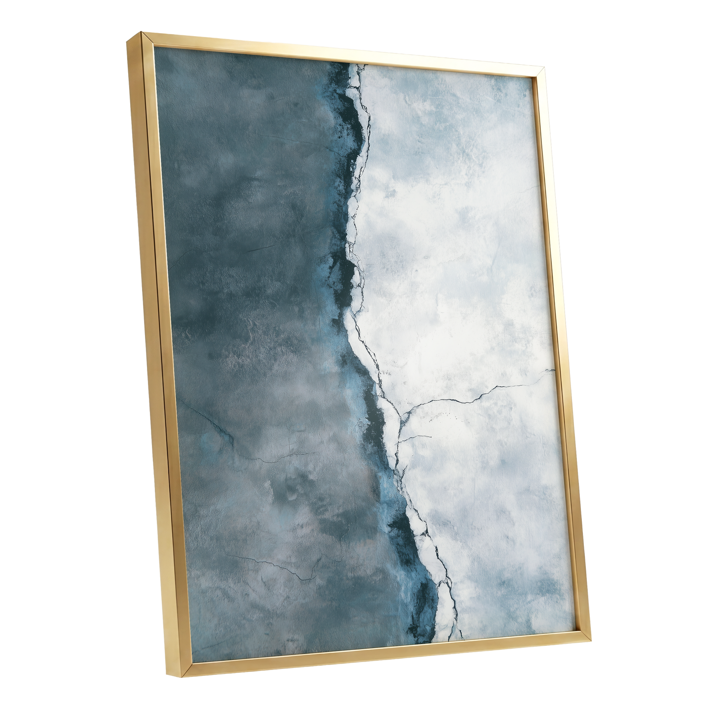 Tidal Divide, blue, white, gray abstract wall art shown as a gold framed poster wall art print