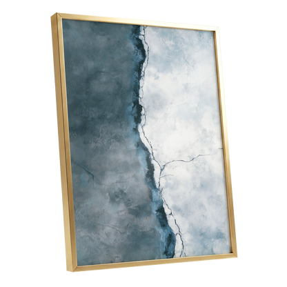 Tidal Divide, blue, white, gray abstract wall art shown as a gold framed poster wall art print