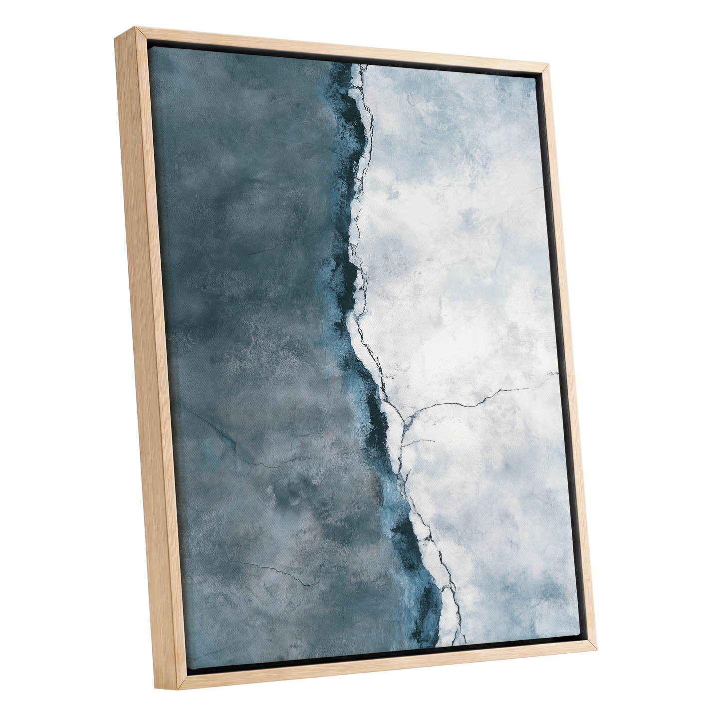 Tidal Divide, blue, white, gray abstract wall art shown as a oak framed canvas wall art