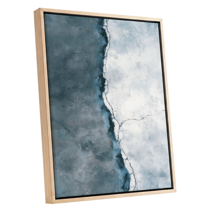 Tidal Divide, blue, white, gray abstract wall art shown as a oak framed canvas wall art
